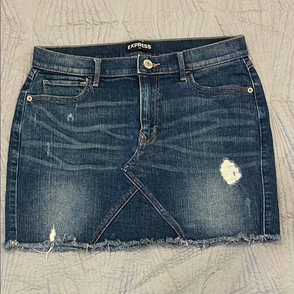 Express Women’s Micro Mini Distressed Denim Skirt with Fringe